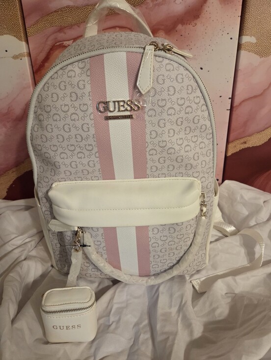 Guess Handbags - GUESS White & Pink Logo Stripe Backpack